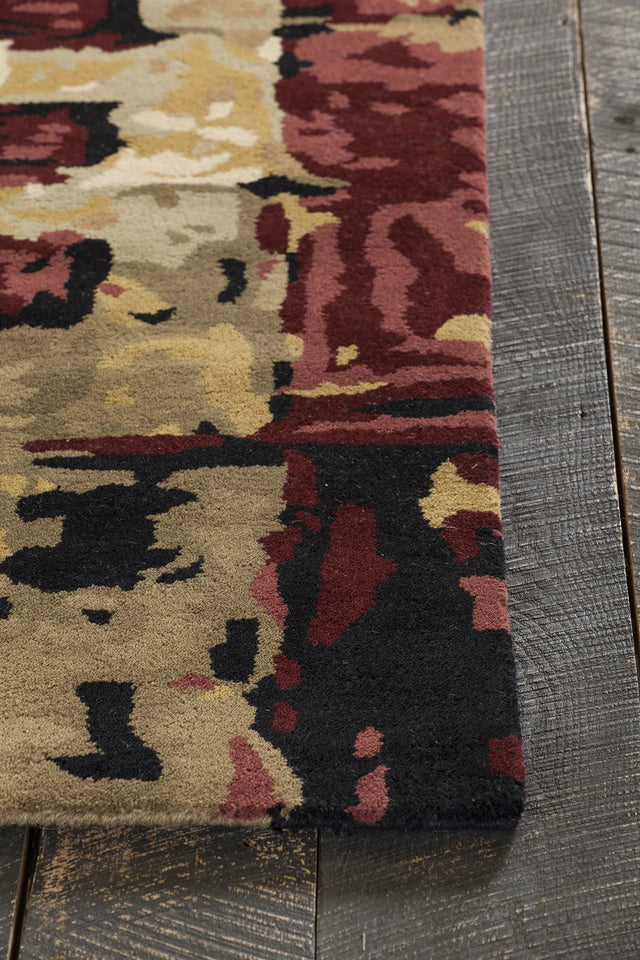 Chandra Nirvana NIR-6602 Burgundy and Green and Tan and Black and Brown rug, corner detail