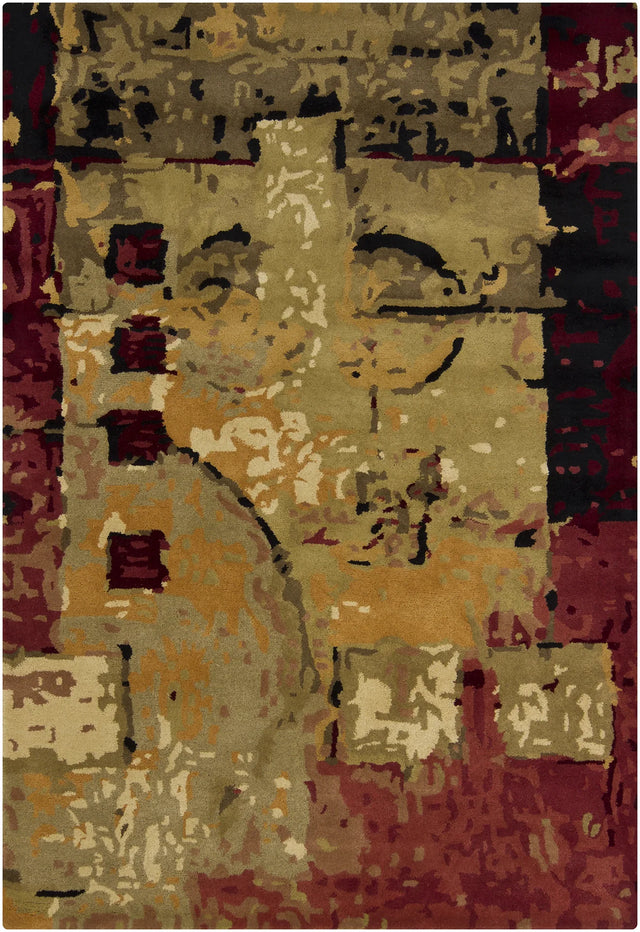 Chandra Nirvana NIR-6602 Burgundy and Green and Tan and Black and Brown rug, flat view