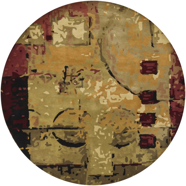 Chandra Nirvana NIR-6602 Burgundy and Green and Tan and Black and Brown round rug, flat view