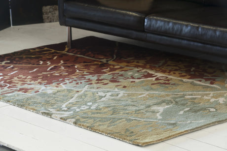 Chandra Nirvana NIR-6604 Green and Red and Burgundy and Brown rug, corner detail