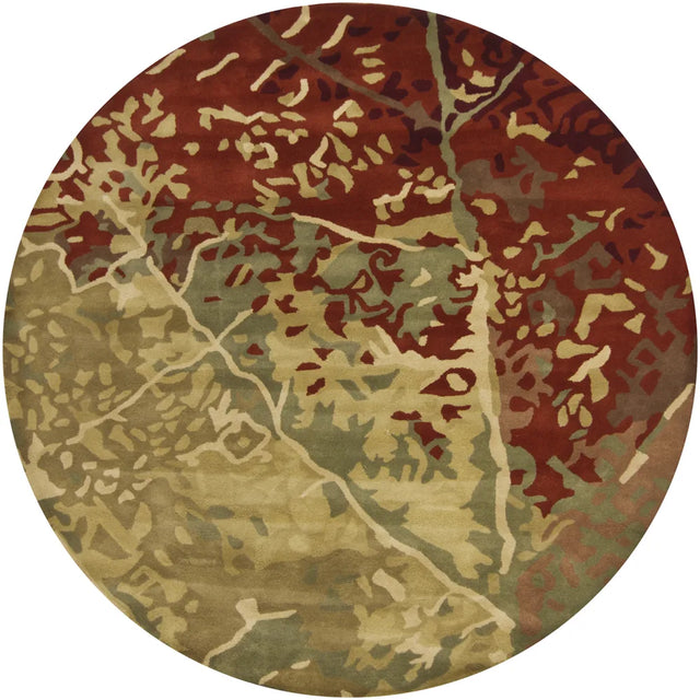 Chandra Nirvana NIR-6604 Green and Red and Burgundy and Brown round rug, flat view