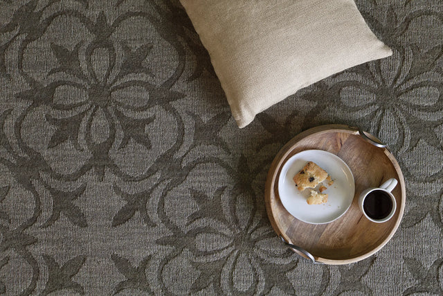 Chandra Rekha REK-29601 Taupe and Charcoal rug, styled detail view