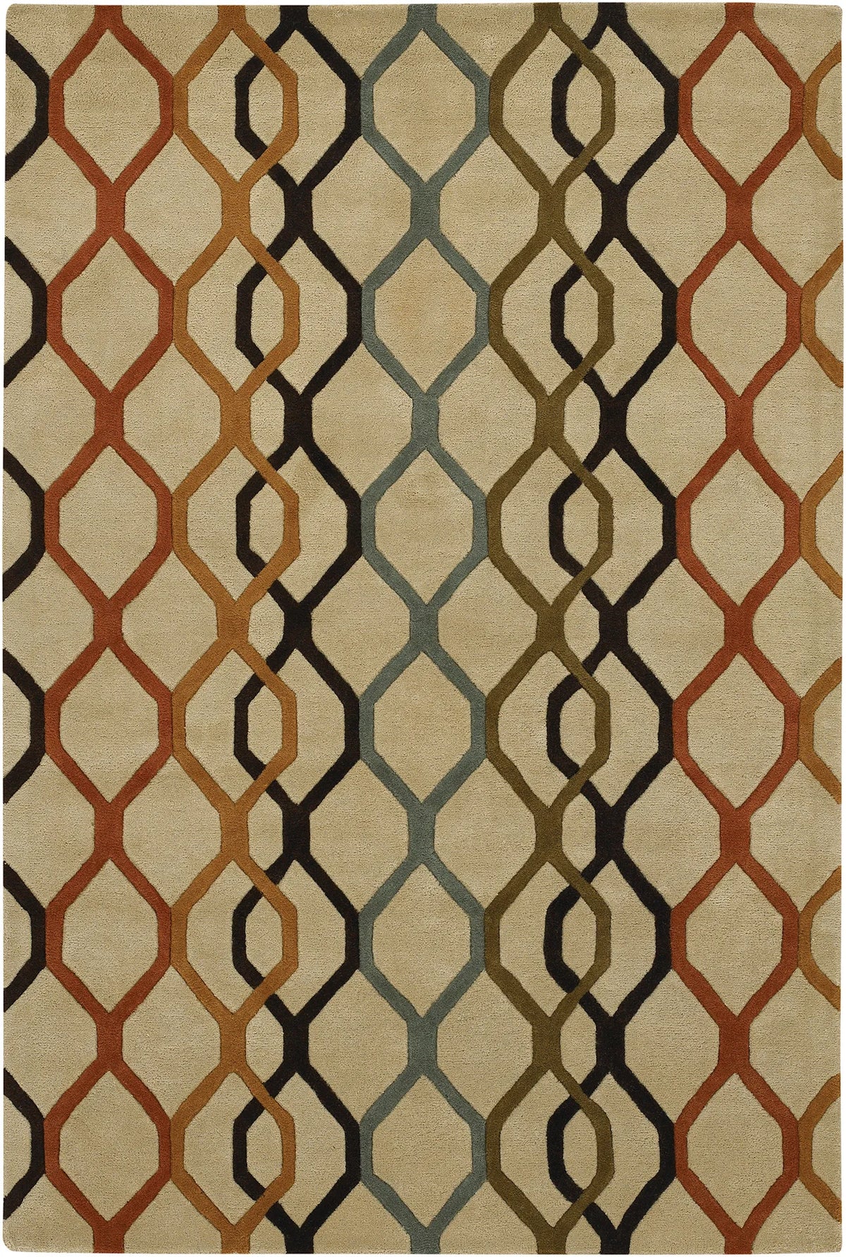 Chandra Rowe ROW-11125 Tan and Orange and Rust and Black and Blue and Green rug, flat view