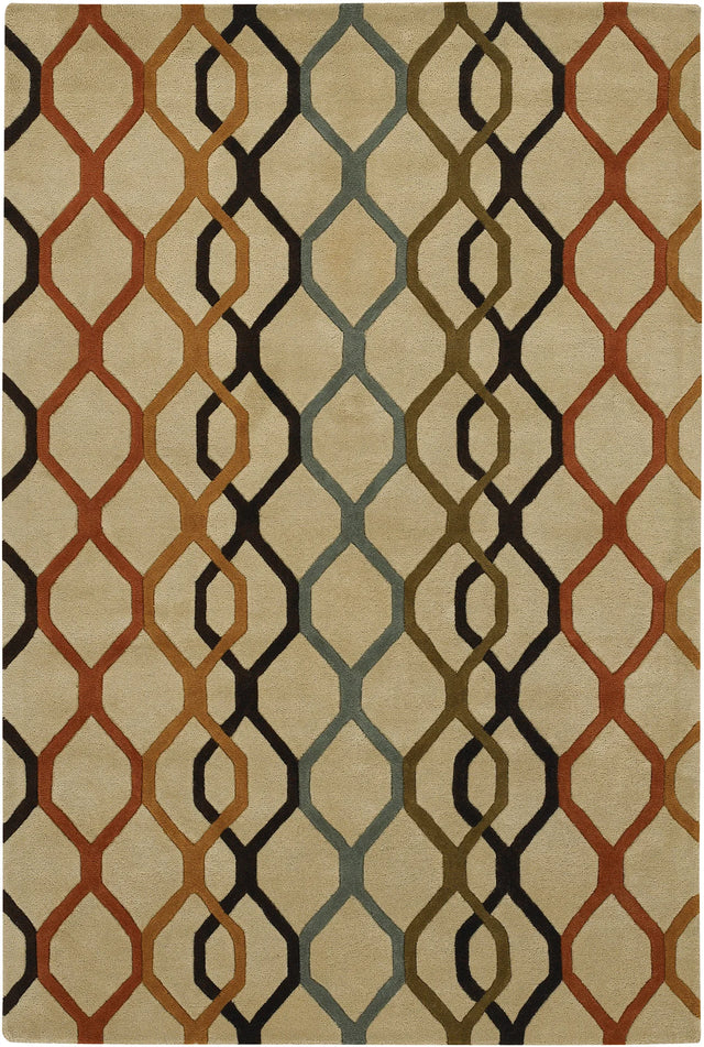 Chandra Rowe ROW-11125 Tan and Orange and Rust and Black and Blue and Green rug, flat view