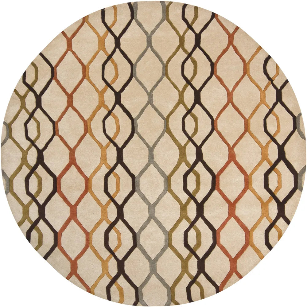 Chandra Rowe ROW-11125 Tan and Orange and Rust and Black and Blue and Green round rug, flat view