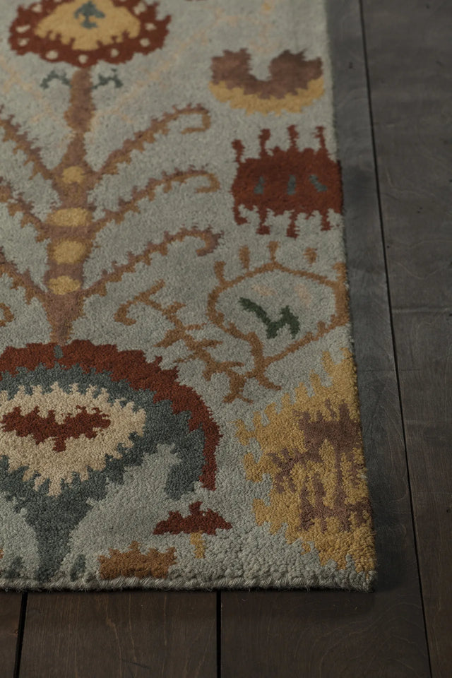 Chandra Rupec RUP-39608 Blue and Brown and Gold and Grey and Green rug, corner detail