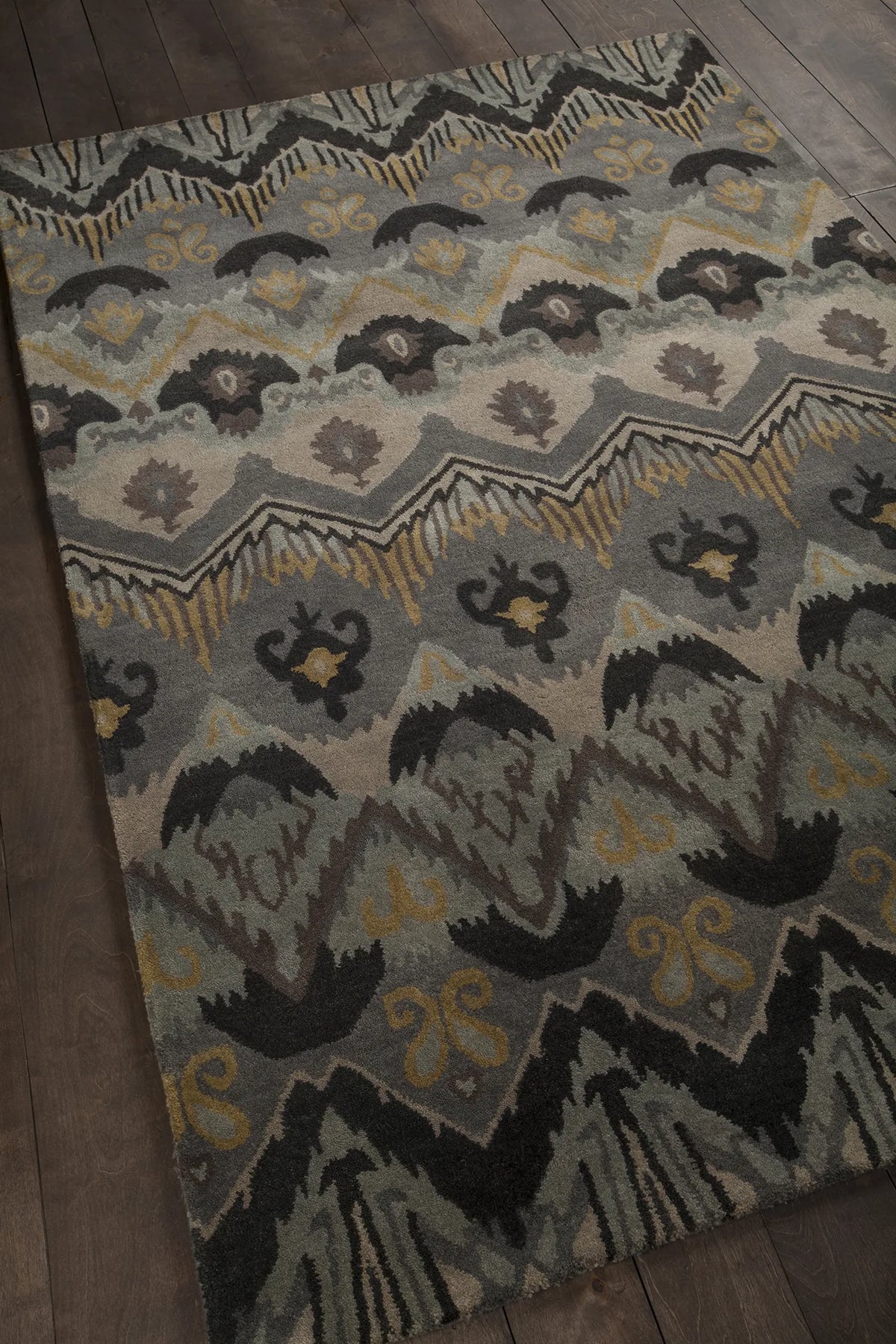 Chandra Rupec RUP-39619 Grey and Taupe and Gold and Black rug, angled side view