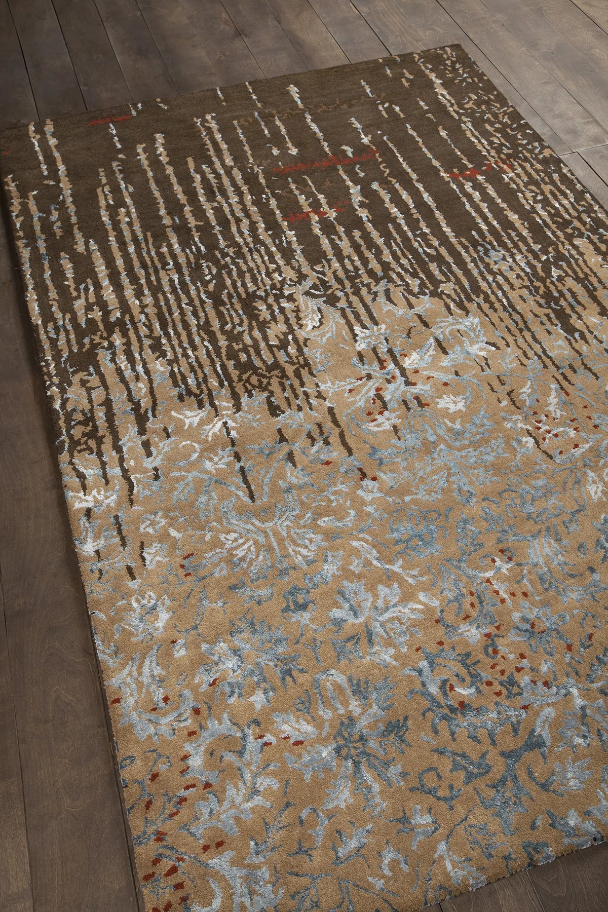 Chandra Rupec RUP-39624 Brown and Blue rug, angled side view