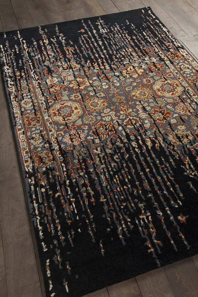 Chandra Spring SPR-29101 Black and Gold and Burgundy and Taupe and Brown and Grey rug, angled side view