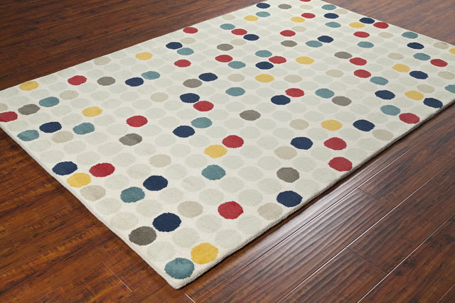 Chandra Stella STE-52219 Cream and Beige and Red and Yellow and Blue rug, styled detail view