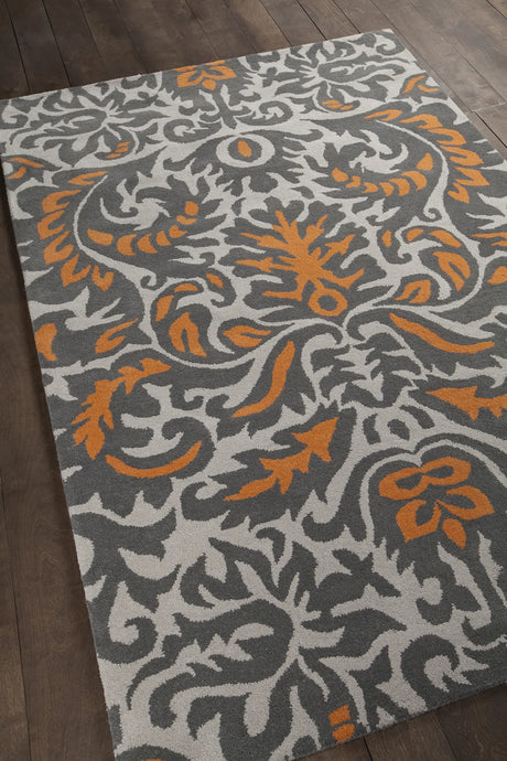 Chandra Stella STE-52253 Grey and White and Orange rug, angled side view