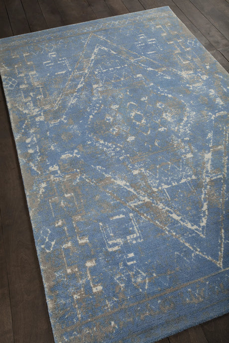 Chandra Tayla TAY-42400 Blue and Grey and beige rug, angled side view