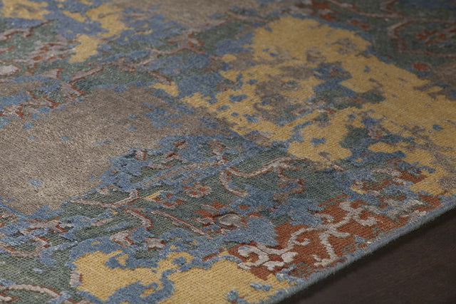 Chandra Vingel VIN-36803 blue and brown and gold and grey rug, side detail view