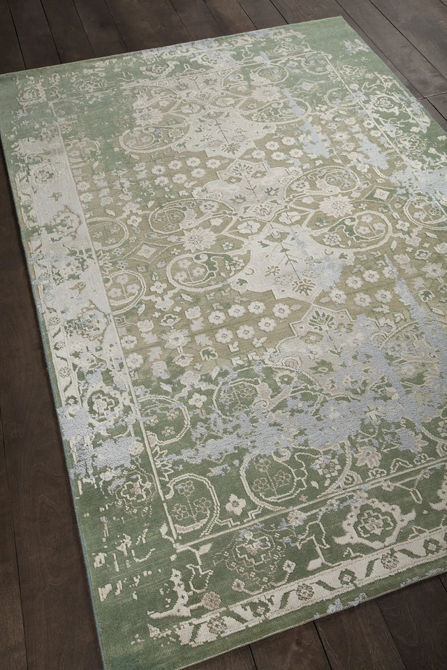 Chandra Vingel VIN-36805 green and grey and beige and cream rug, angled side view