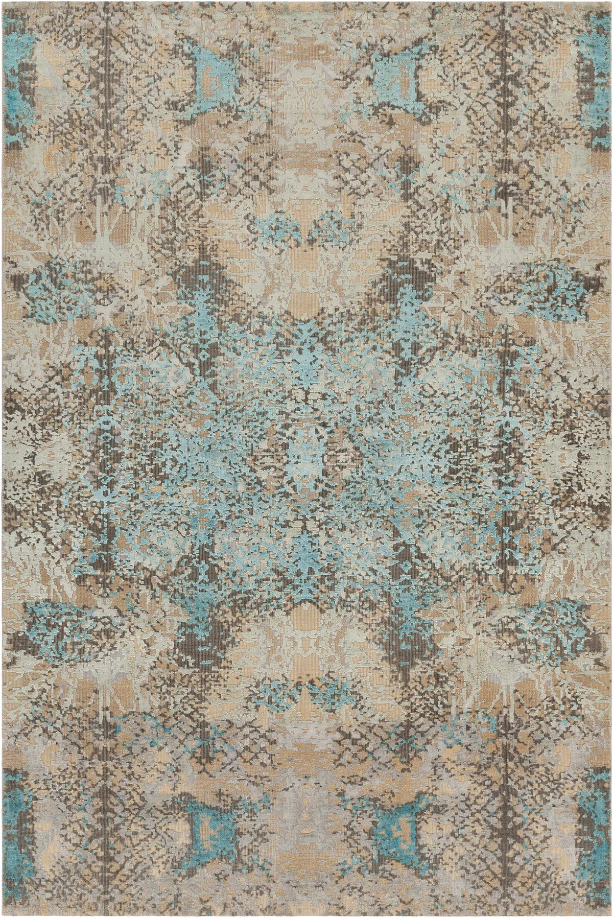 Chandra Vingel VIN-36806 Blue and Brown and Beige and Tan and Grey rug, flat view