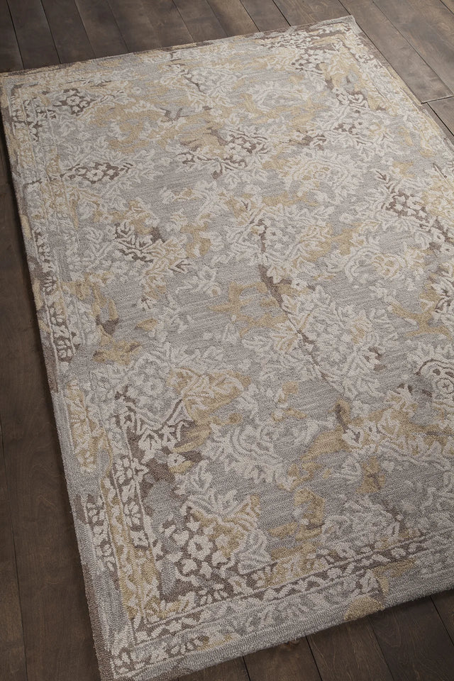 Chandra Zyana ZYA-43900 grey and brown and gold and beige rug, angled side view
