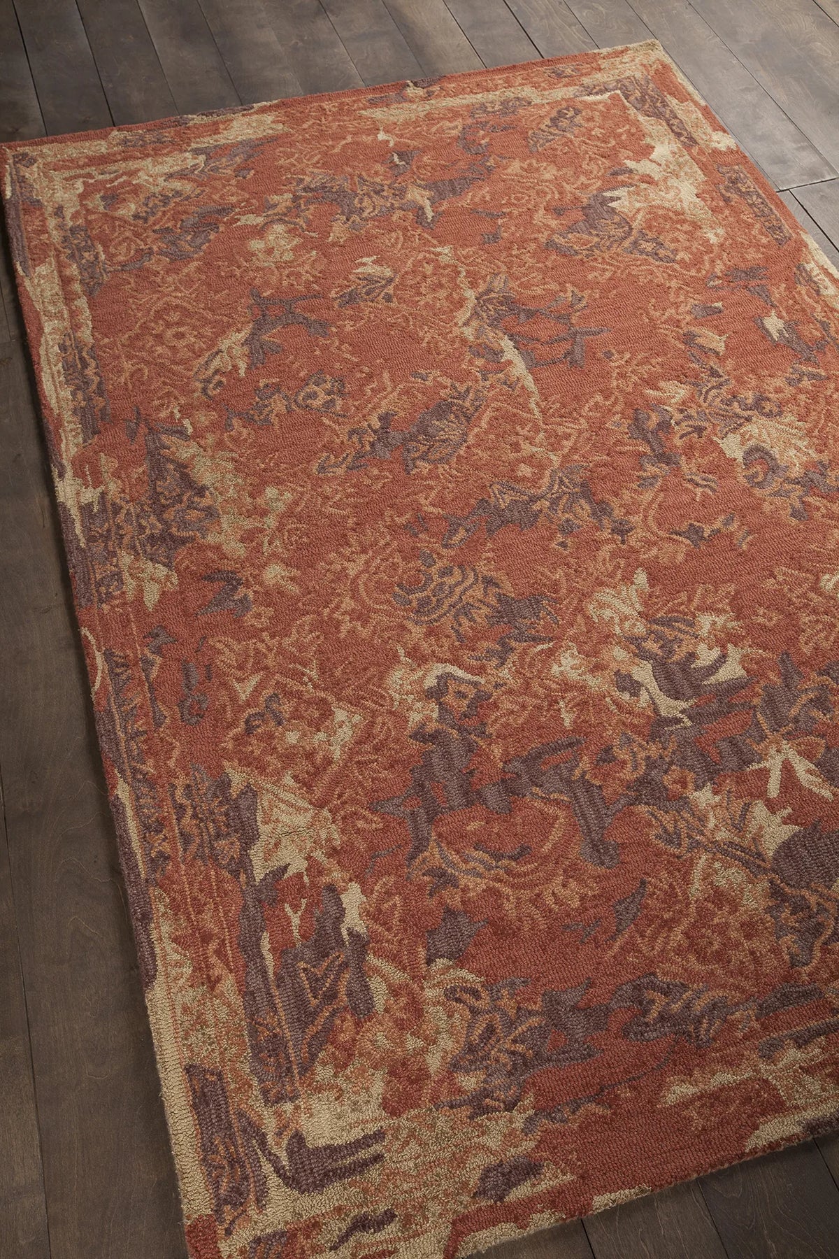 Chandra Zyana ZYA-43901 Rust and brown and gold rug, angled side view