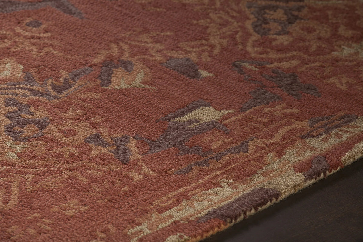Chandra Zyana ZYA-43901 Rust and brown and gold rug, side detail view