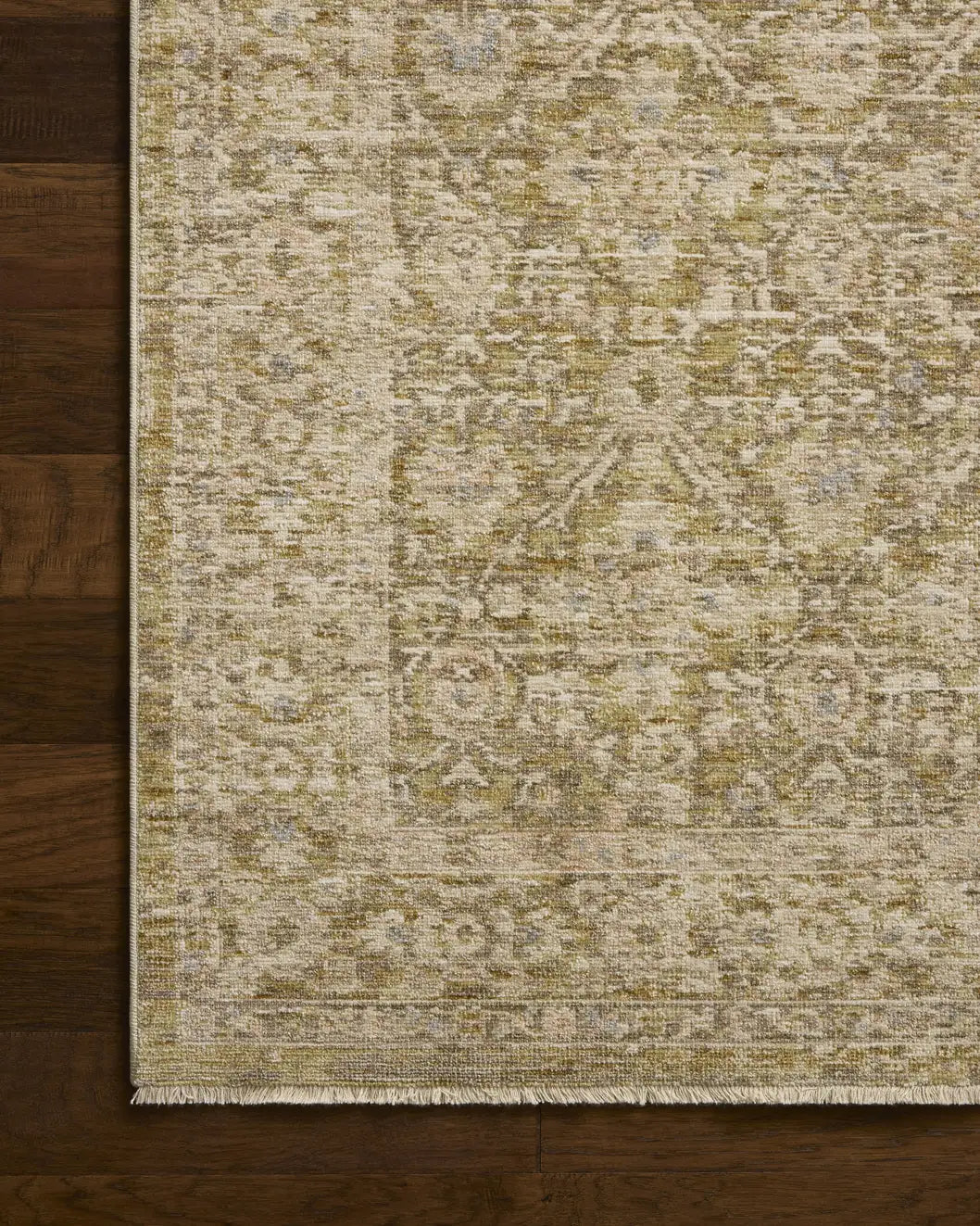 Loloi Elora ELR-05 Traditional Power Loomed Moss, Clay Rug - corner on wood