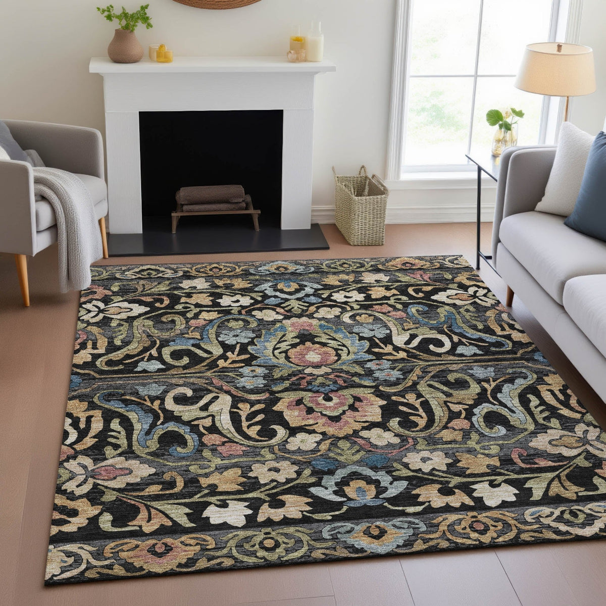 Addison Chantille ACN2193 Floral Machine Made Transitional Black Rug