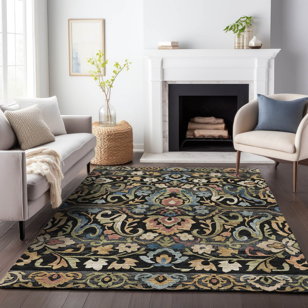 Addison Chantille ACN2193 Floral Machine Made Transitional Black Rug