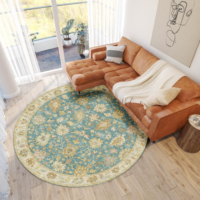 Dalyn Hatay HY2 Teal Rug shown in a room