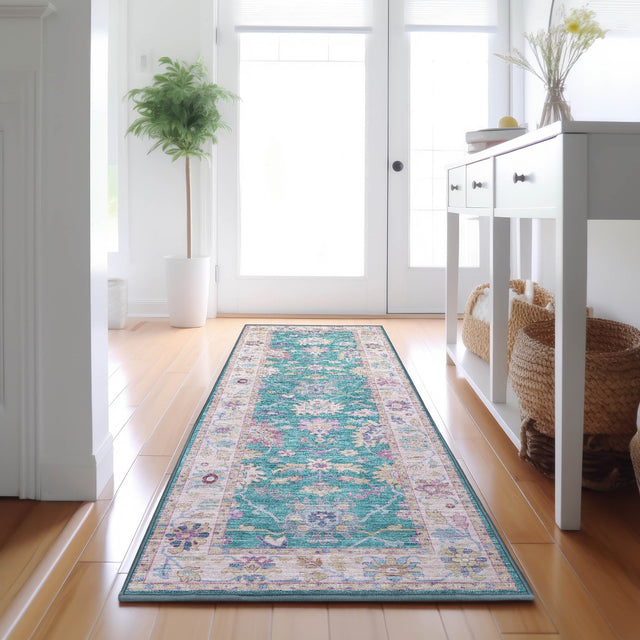 Dalyn Hatay HY7 Teal Rug shown in a room