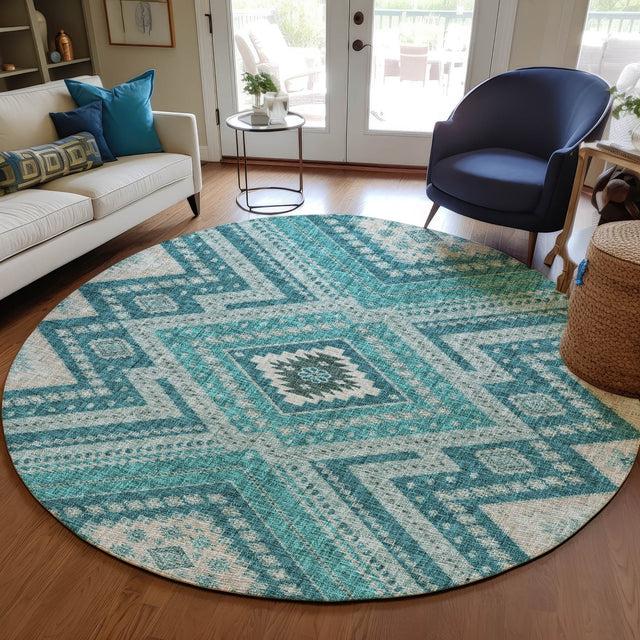 Dalyn Portico PO5 Teal Rug shown in a room