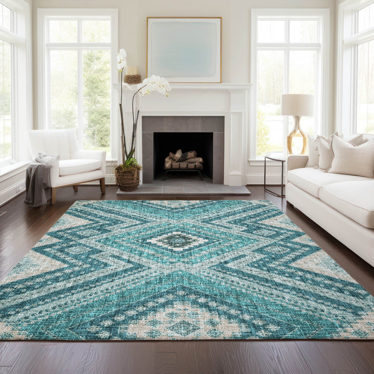 Dalyn Portico PO5 Teal Rug shown in a room