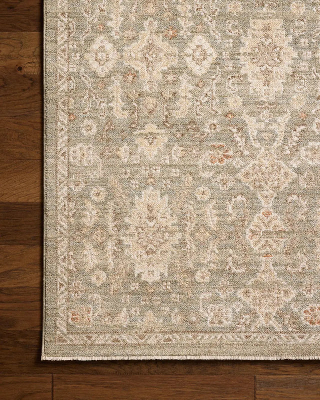 Chris Loves Julia x Loloi Palma PLM-03 Lagoon / Natural Rug - corner on wood