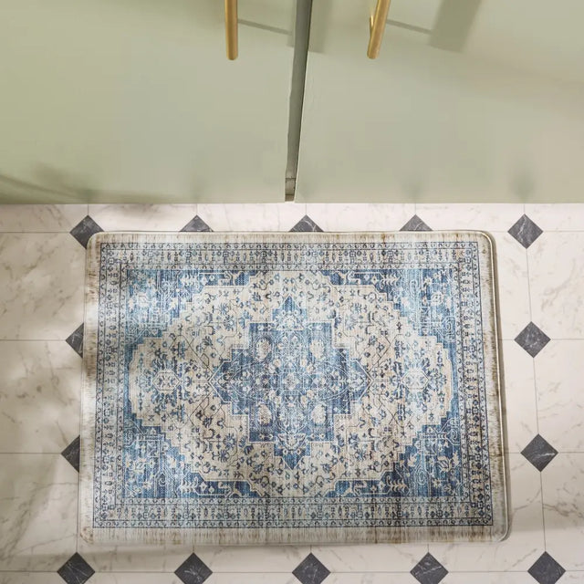 Safavieh Kitchen Mat 100 1'-6" x 2'-0" Rug in Beige / Blue