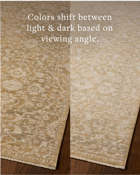 Loloi Elora ELR-06 Traditional Power Loomed Gold Natural Rug - angled corner on wood
