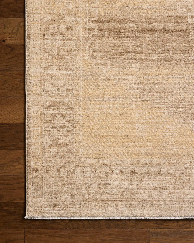 Chris Loves Julia x Loloi Palma PLM-07 Wheat / Taupe Rug - corner on wood