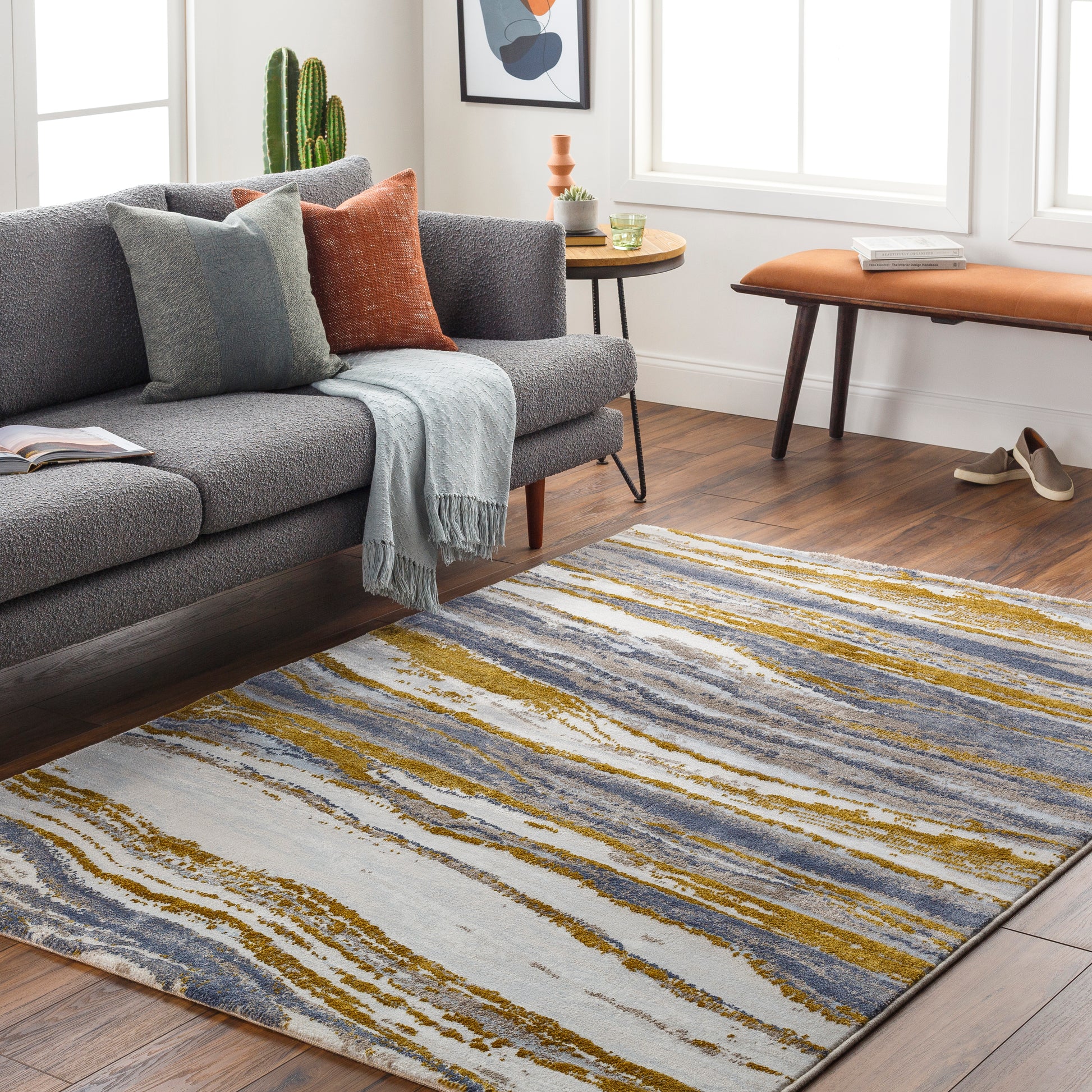 Surya Delight Dlg-2302 Dark Blue, Mustard, Medium Gray, Light Gray, Denim Area Rug