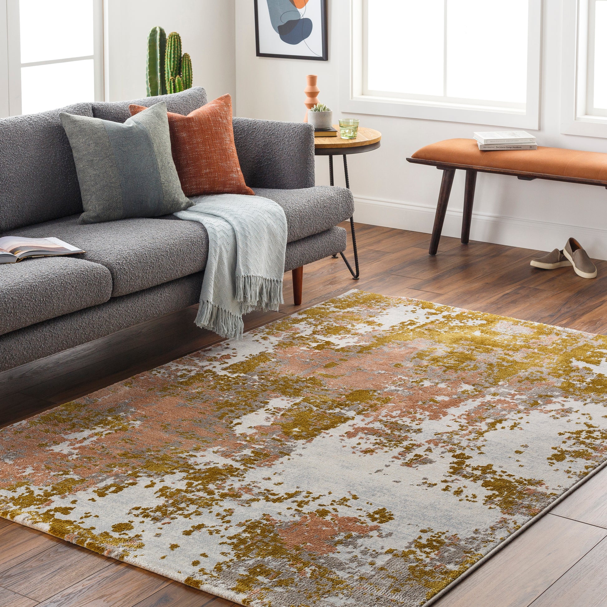 Surya Delight Dlg-2304 Mustard, Dusty Pink, Yellow, Medium Gray, Light Gray Area Rug