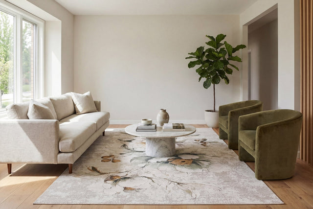 Contemporary area rug with cream, sage, and multi floral pattern