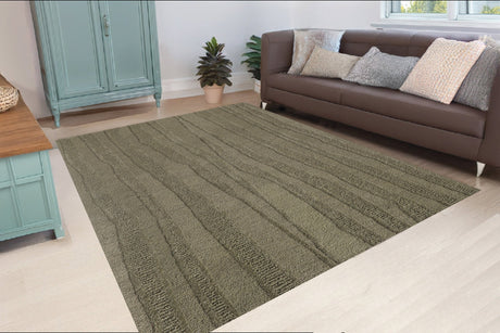 Rectangle handmade modern green rug with subtle linear pattern