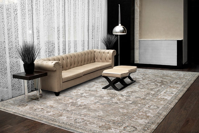 Traditional area rug with beige, grey, and ivory ornate pattern