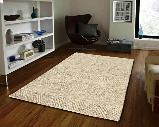 Beige rectangular modern rug with subtle geometric woven pattern