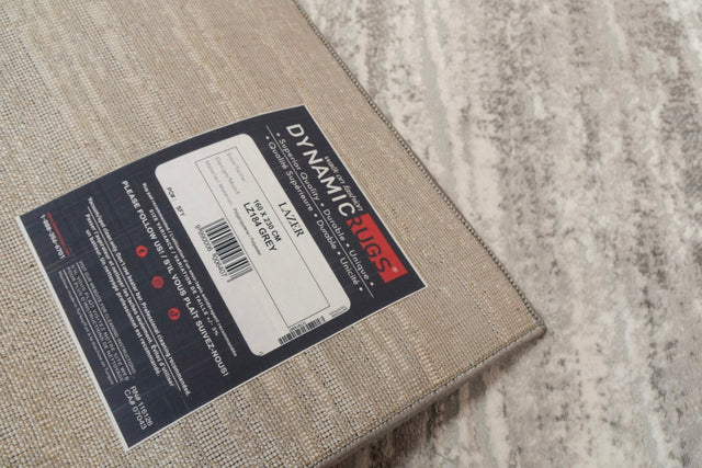 Modern grey textured rug with corner label visible