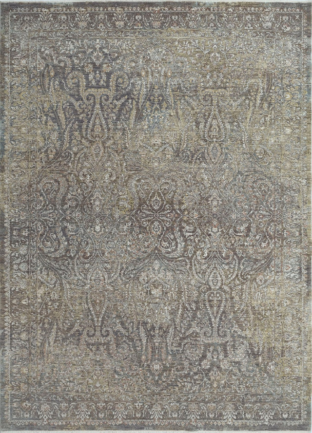 Close-up transitional rug with detailed scrollwork pattern in gray, beige, and cream