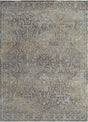 Close-up transitional rug with detailed scrollwork pattern in gray, beige, and cream