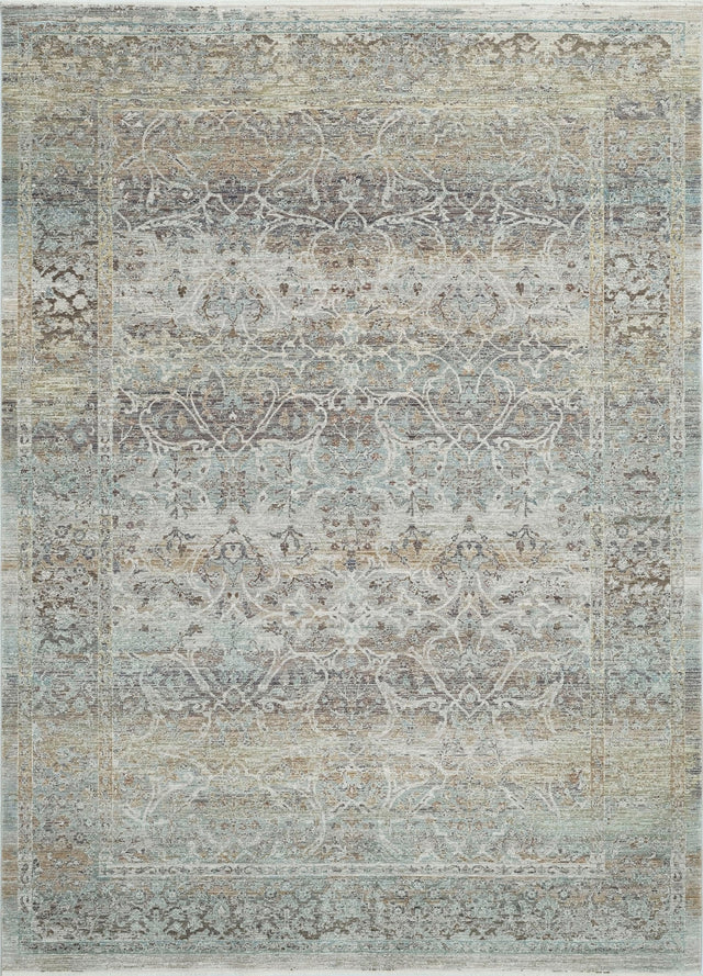 Transitional area rug with ornate medallion distressed pattern in beige and muted blue