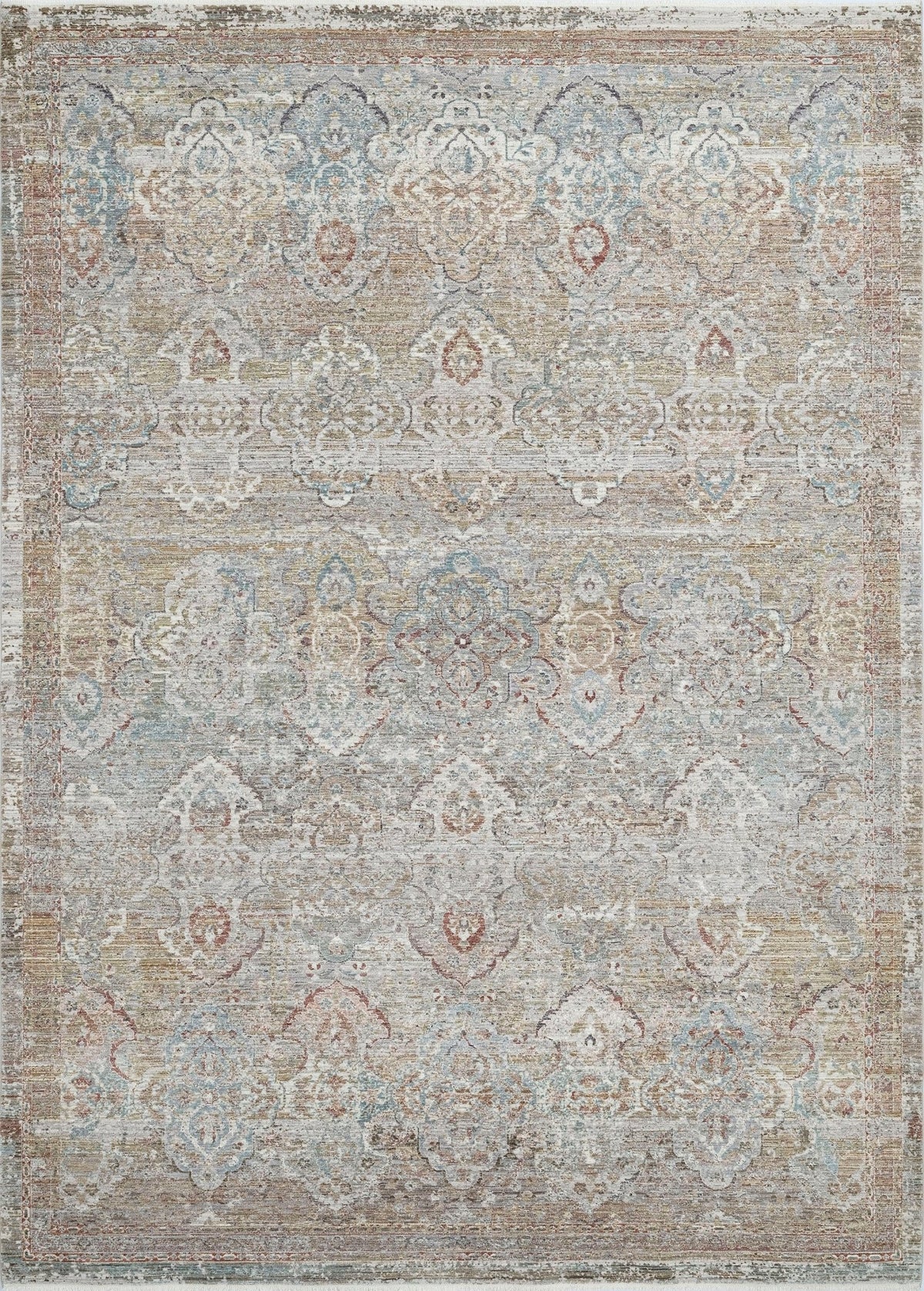 Transitional power loomed rug, rust, blue, and multi medallion pattern, rectangular