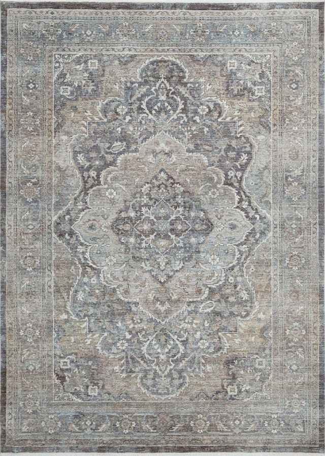 Transitional rug, grey and beige, ornate distressed medallion pattern, rectangle