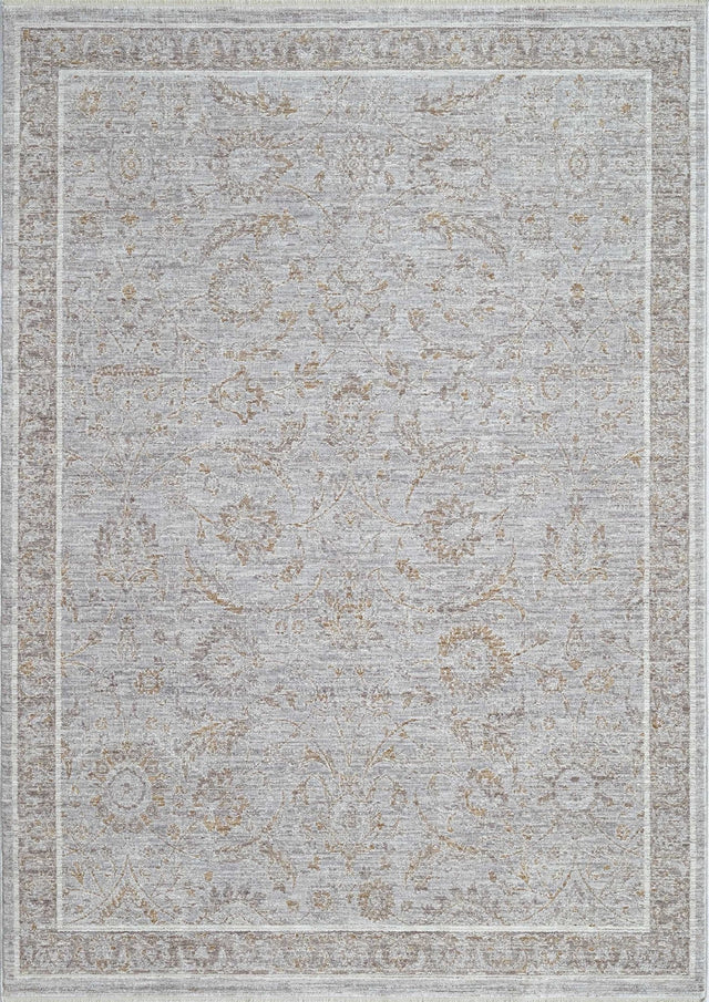 Rectangular traditional power-loomed rug with silver, rust, and multicolor pattern border