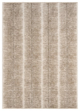 Modern beige rectangular power-loomed rug with vertical abstract stripe pattern, textured pile.