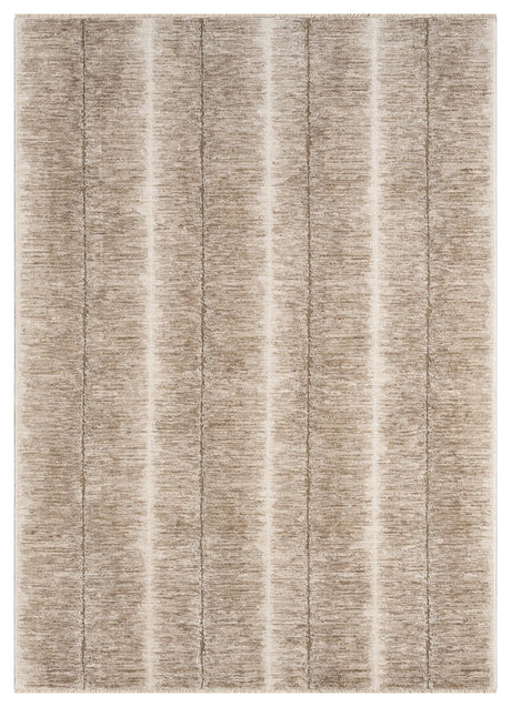 Modern beige rectangular power-loomed rug with vertical abstract stripe pattern, textured pile.