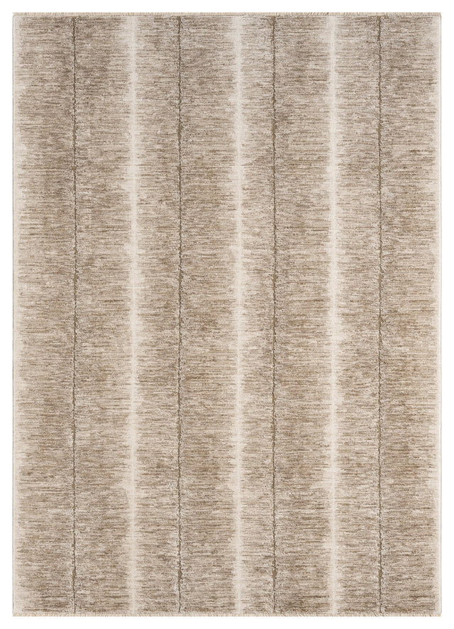 Modern beige rectangular power-loomed rug with vertical abstract stripe pattern, textured pile.
