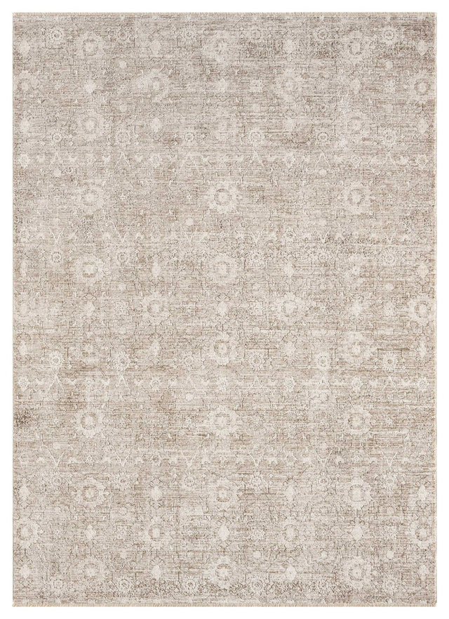 Transitional beige and white power loomed rug with subtle distressed medallion pattern